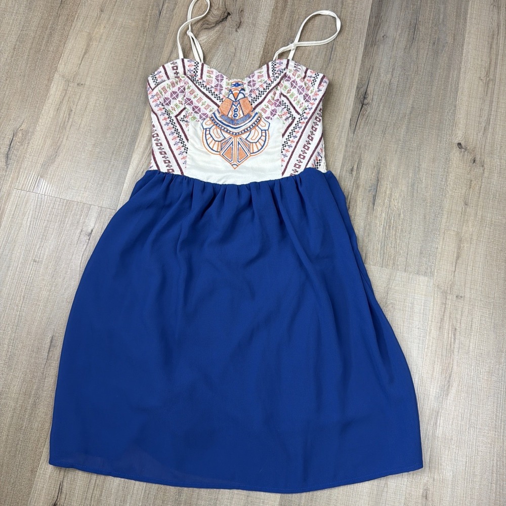 Anthropologie Flying Tomato Dress Small Blue Embroidered Boho Smocked Mini